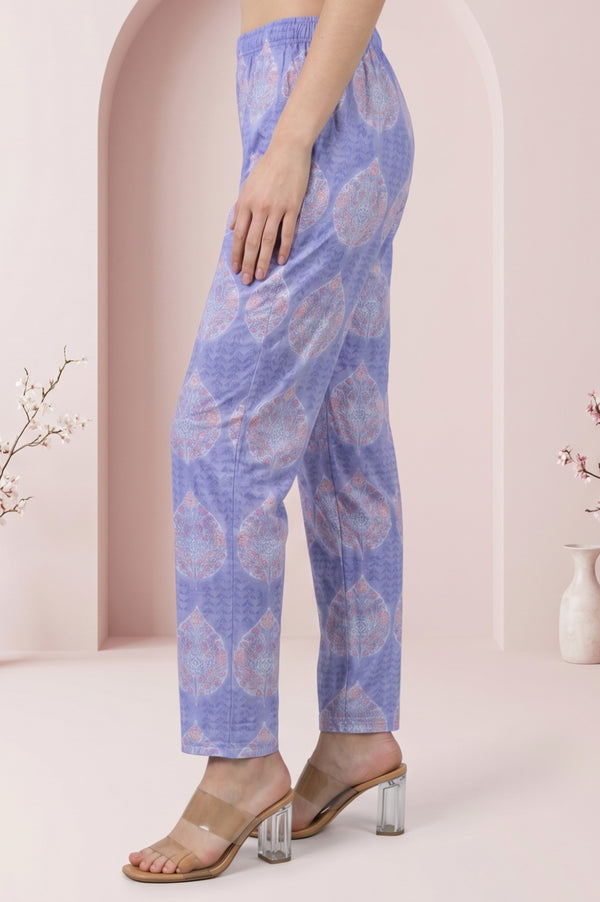lavender Floral Printed Pure Cotton Straight Fit Pants