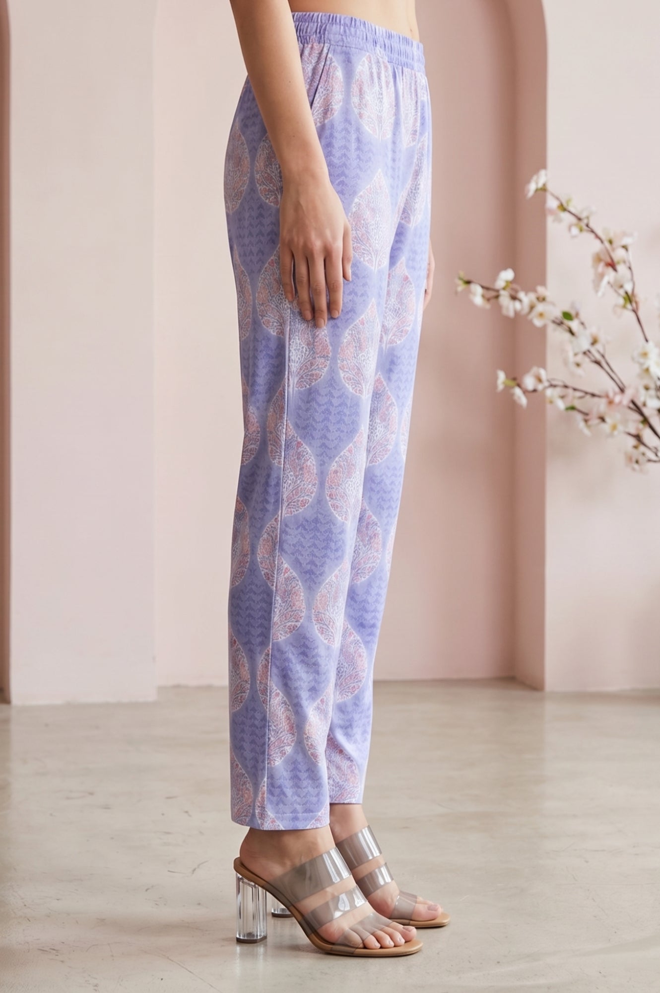 lavender Floral Printed Pure Cotton Straight Fit Pants