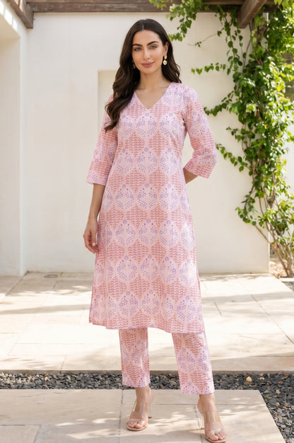 Pink Floral Printed Pure Cotton Straight Pants