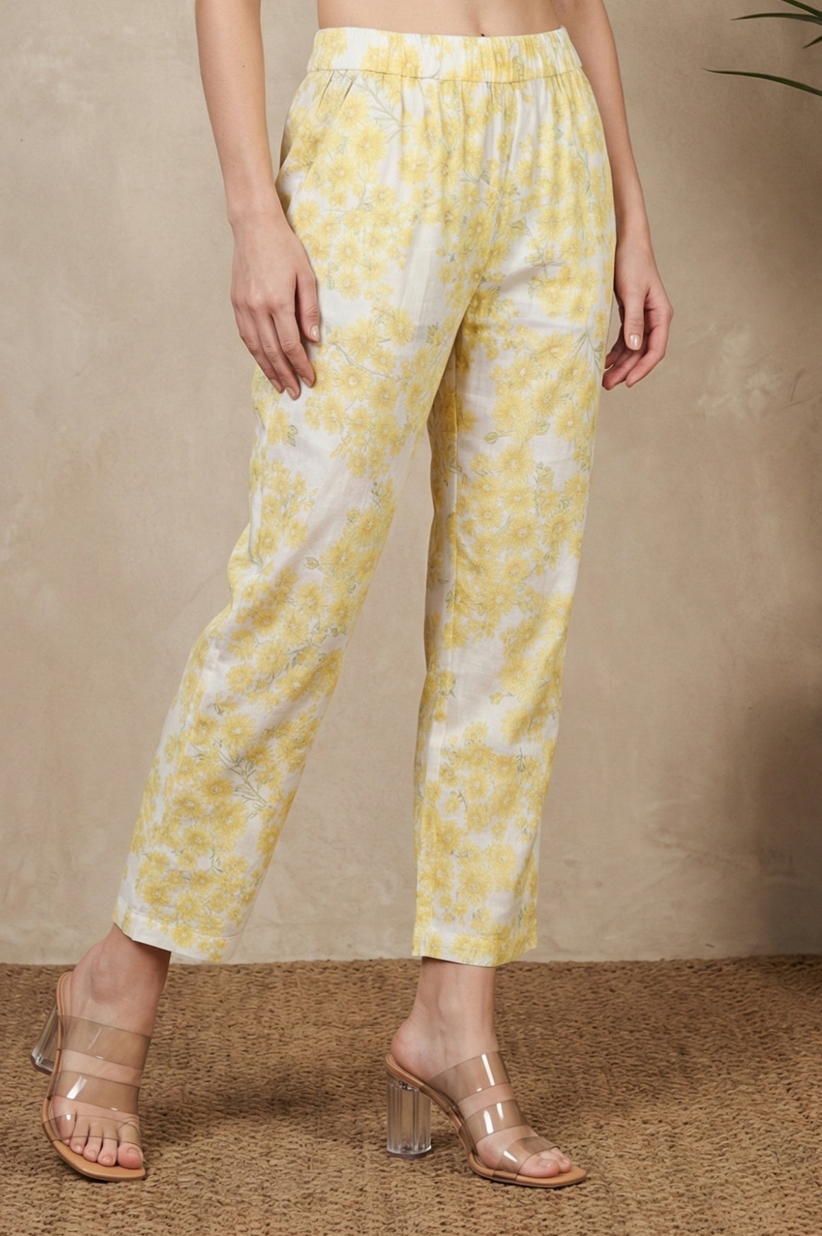 Yellow Floral Printed Pure Cotton Ankle Length Straight Pants - XS