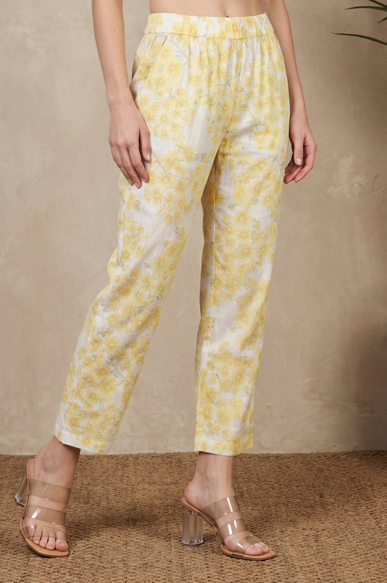 Yellow Floral Printed Pure Cotton Ankle Length Straight Pants