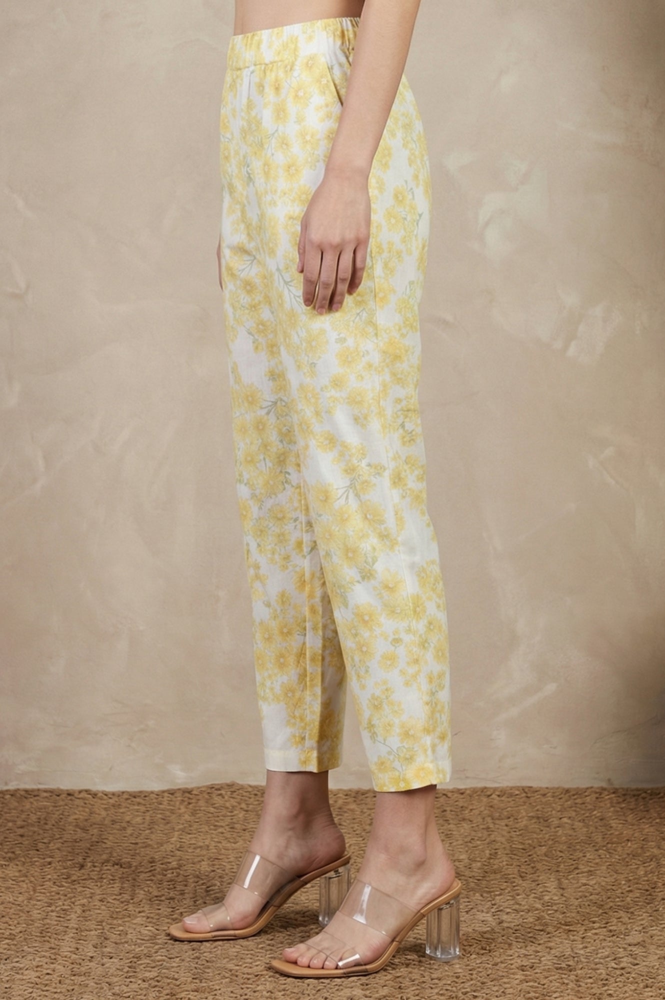 Yellow Floral Printed Pure Cotton Ankle Length Straight Pants