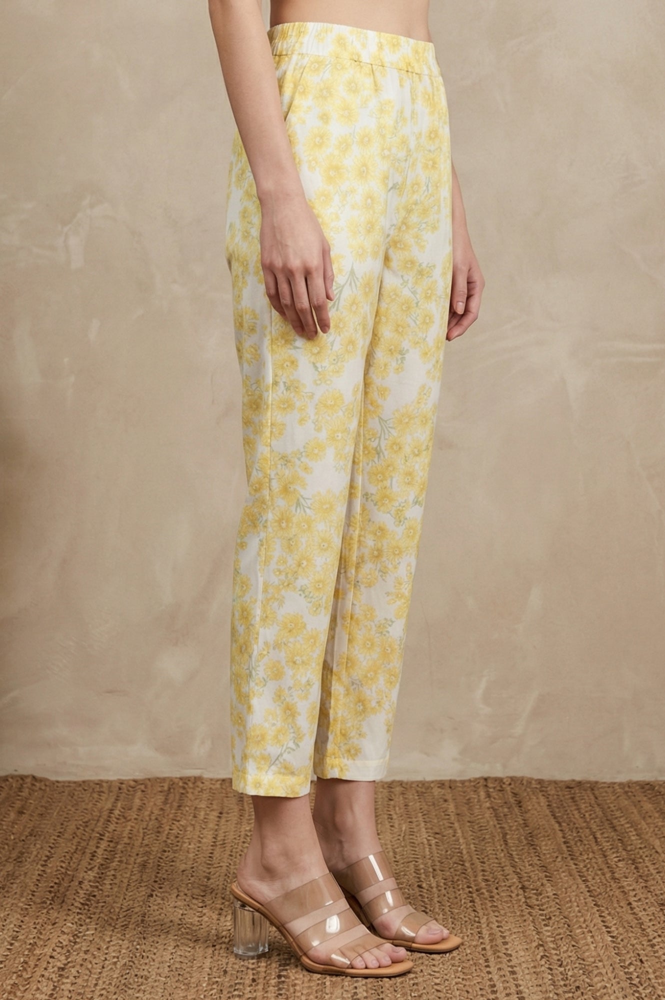 Yellow Floral Printed Pure Cotton Ankle Length Straight Pants