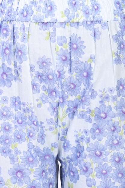 White Floral Printed Pure Cotton Straight Pants
