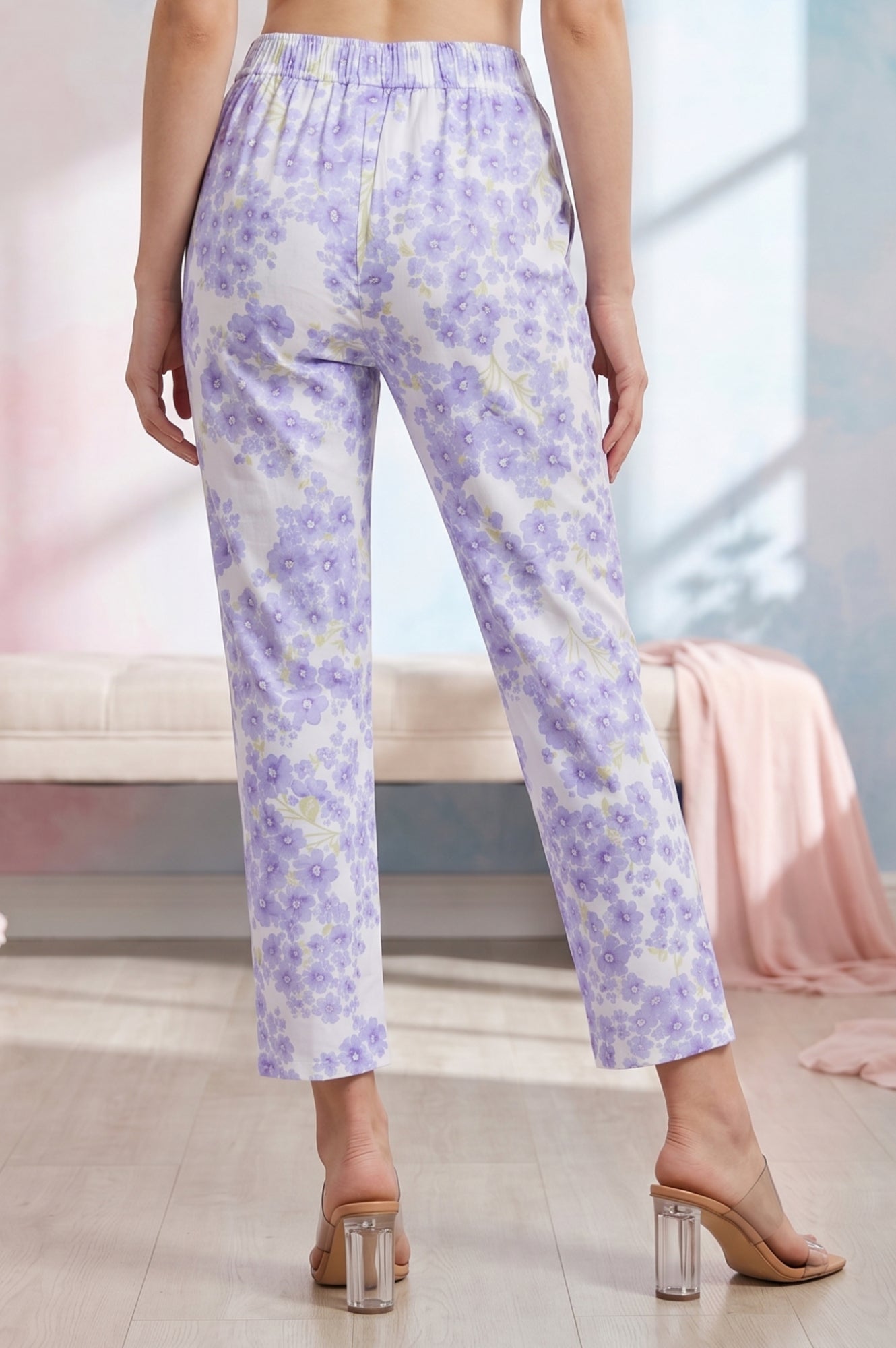 White Floral Printed Pure Cotton Straight Pants