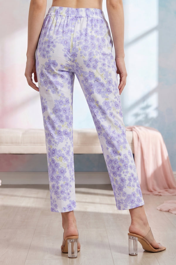 White Floral Printed Pure Cotton Straight Pants