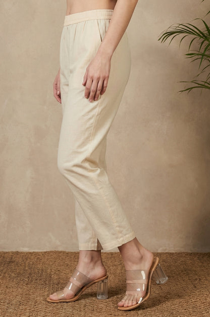 Beige Solid Pure Cotton Ankle Length Straight Pants