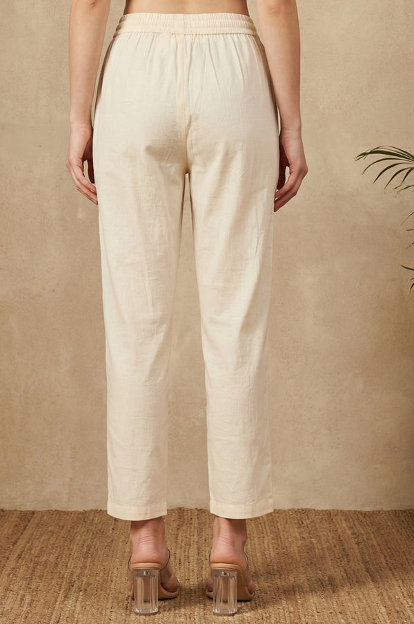 Beige Solid Pure Cotton Ankle Length Straight Pants