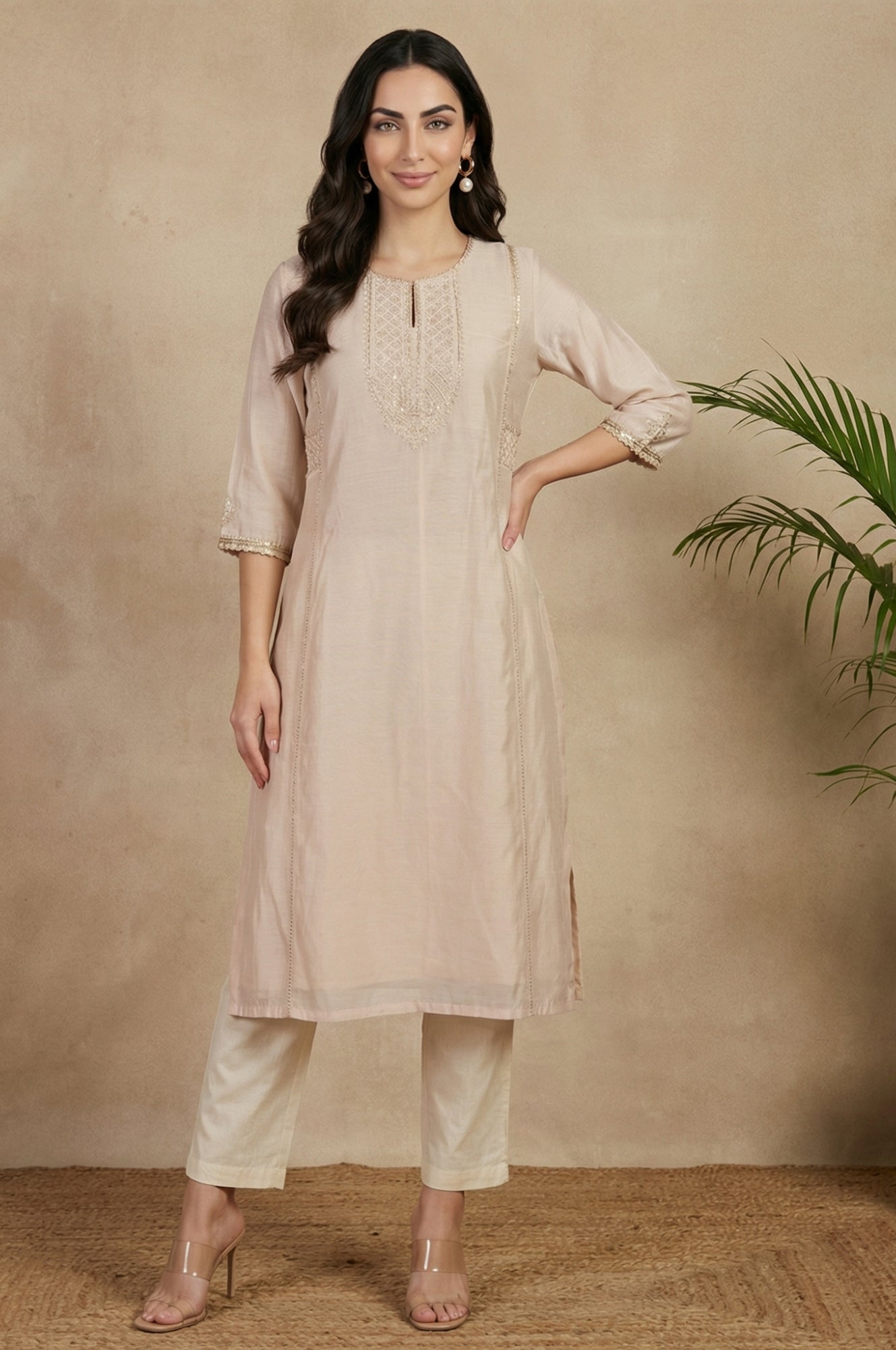 Beige Solid Pure Cotton Ankle Length Straight Pants