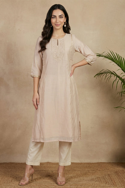 Beige Solid Pure Cotton Ankle Length Straight Pants