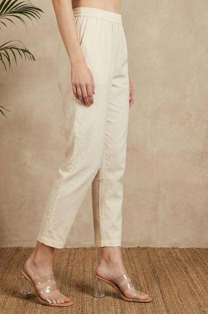 Beige Solid Pure Cotton Ankle Length Straight Pants