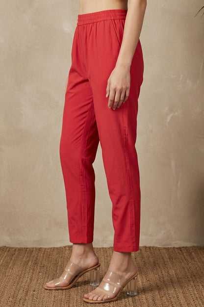 Red Solid Rayon Straight Fit Ankle Length Mid Rise Pants