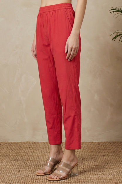 Red Solid Rayon Straight Fit Ankle Length Mid Rise Pants