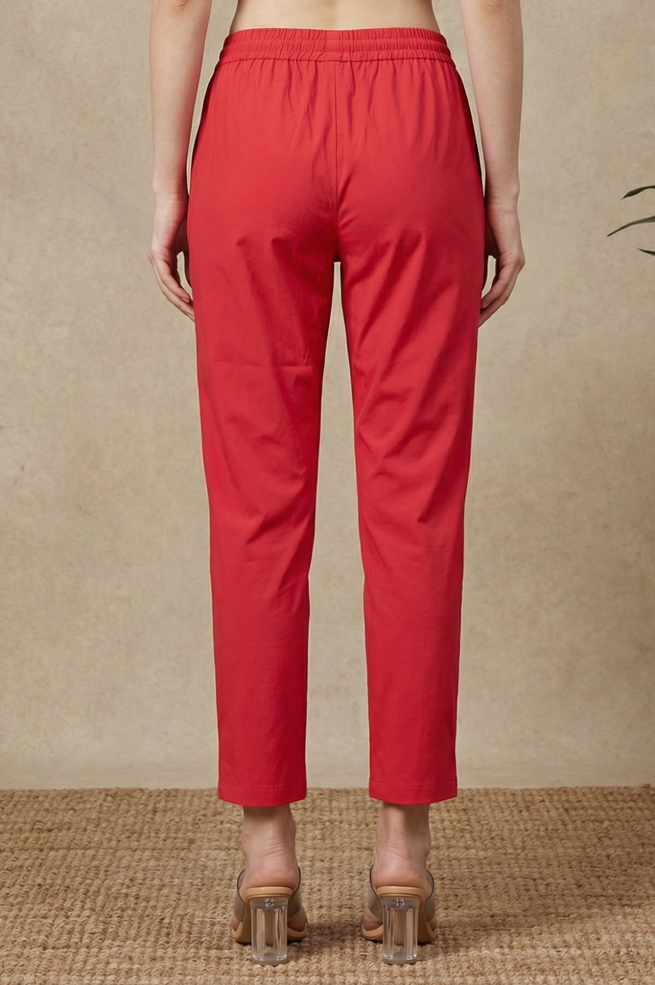 Red Solid Rayon Straight Fit Ankle Length Mid Rise Pants
