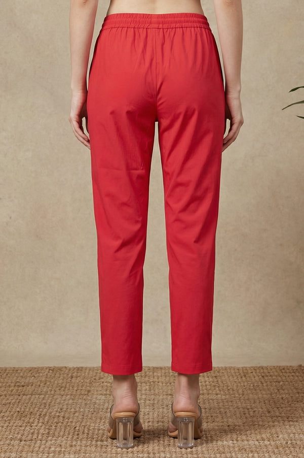 Red Solid Rayon Straight Fit Ankle Length Mid Rise Pants