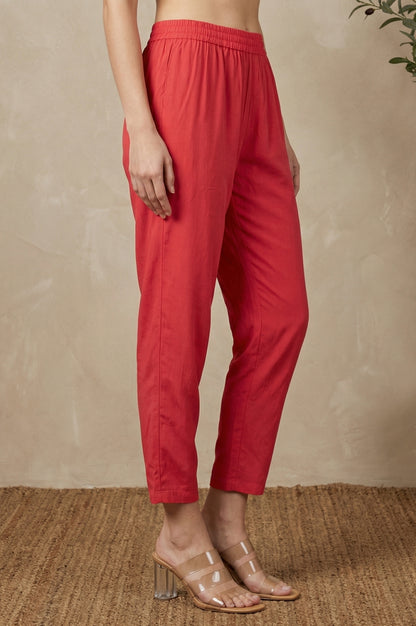 Red Solid Rayon Straight Fit Ankle Length Mid Rise Pants