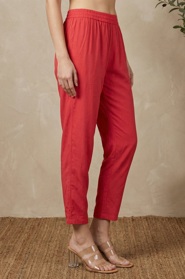 Red Solid Rayon Straight Fit Ankle Length Mid Rise Pants