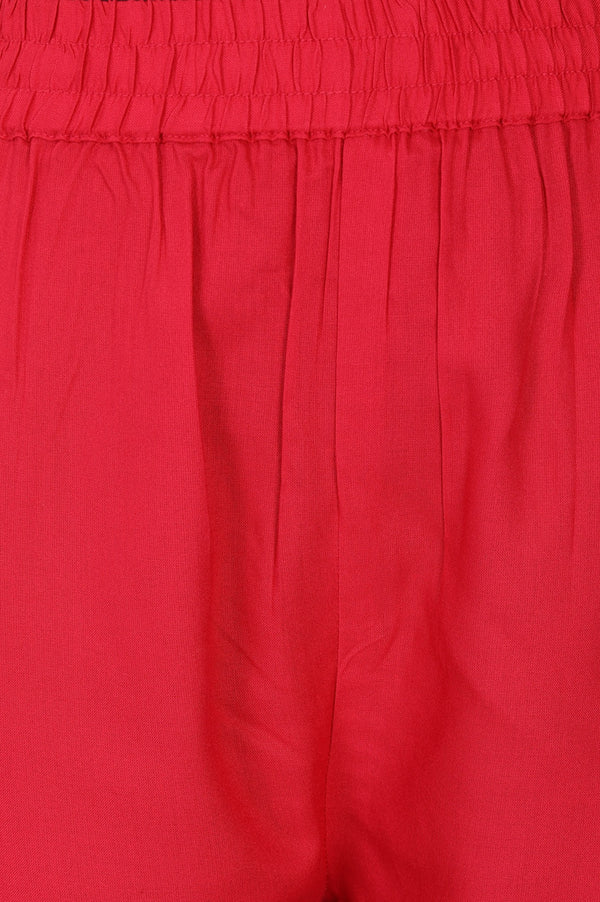 Red Solid Rayon Straight Fit Ankle Length Mid Rise Pants
