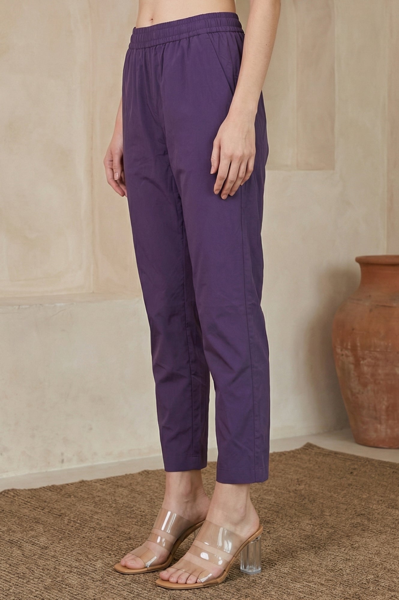Purple Solid Rayon Straight Fit Ankle Length Mid Rise Pants