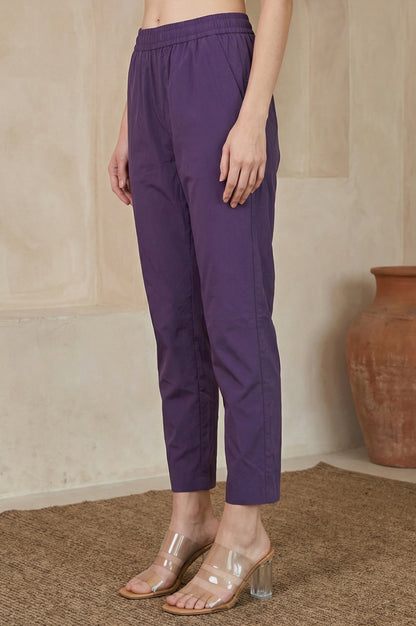 Purple Solid Rayon Straight Fit Ankle Length Mid Rise Pants