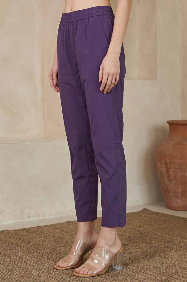 Purple Solid Rayon Straight Fit Ankle Length Mid Rise Pants