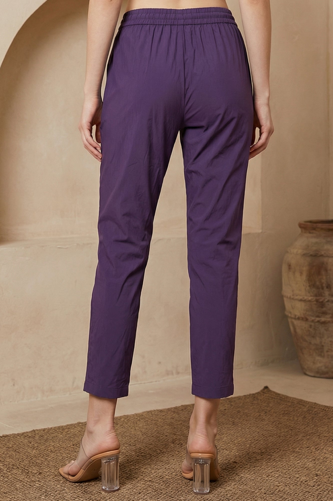 Purple Solid Rayon Straight Fit Ankle Length Mid Rise Pants