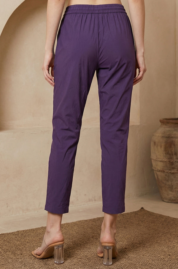 Purple Solid Rayon Straight Fit Ankle Length Mid Rise Pants