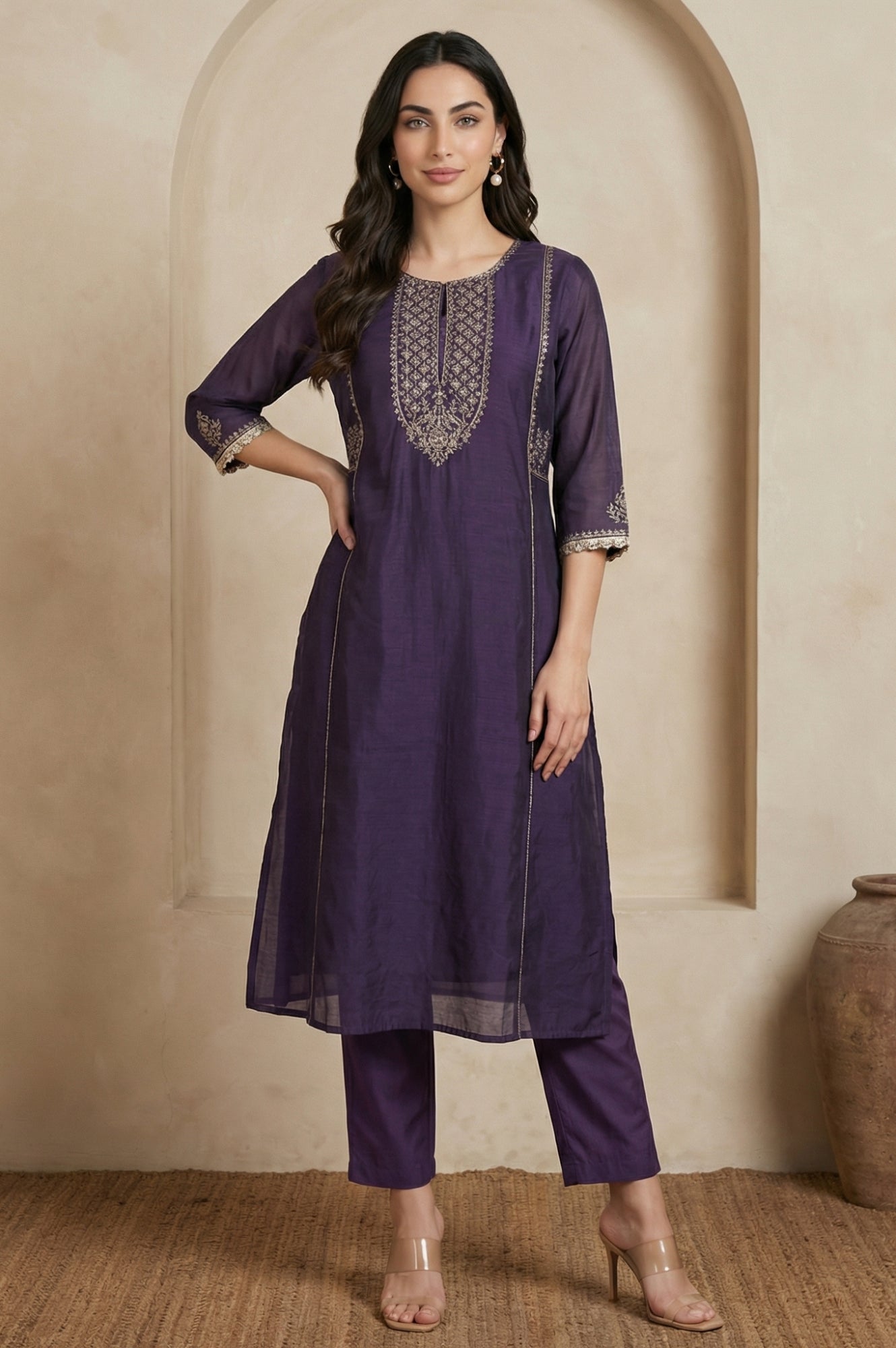 Purple Solid Rayon Straight Fit Ankle Length Mid Rise Pants