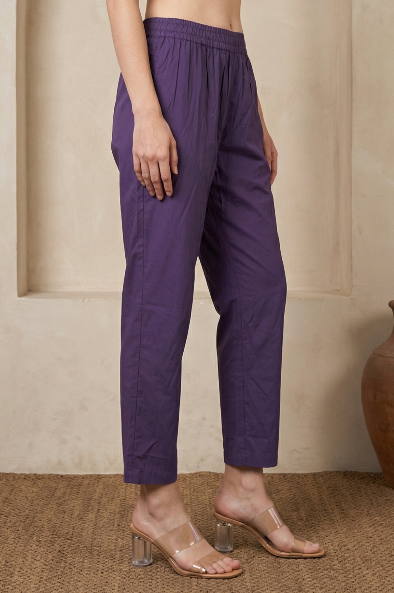 Purple Solid Rayon Straight Fit Ankle Length Mid Rise Pants