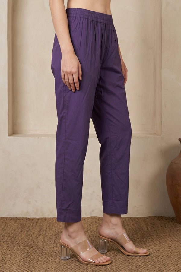 Purple Solid Rayon Straight Fit Ankle Length Mid Rise Pants