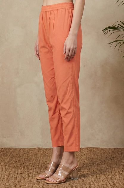 Peach Solid Pure Cotton Ankle Length Straight Pants