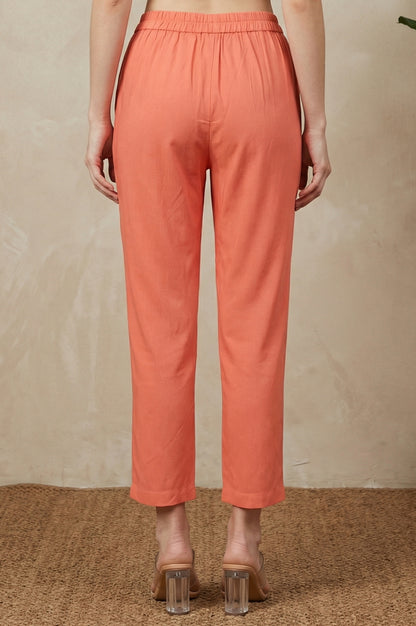 Peach Solid Pure Cotton Ankle Length Straight Pants
