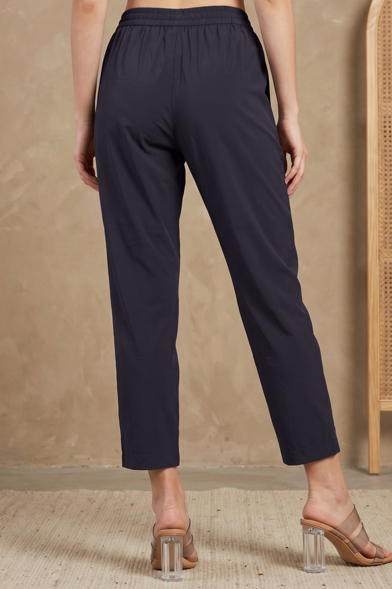 Black Solid Rayon Straight Fit Ankle Length Pants