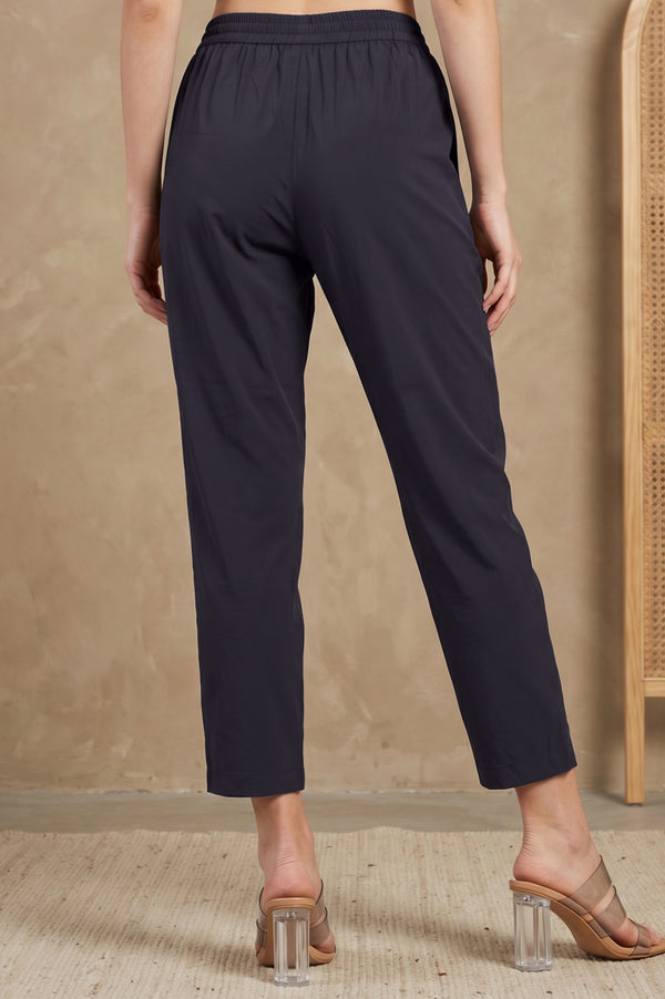 Black Solid Rayon Straight Fit Ankle Length Pants