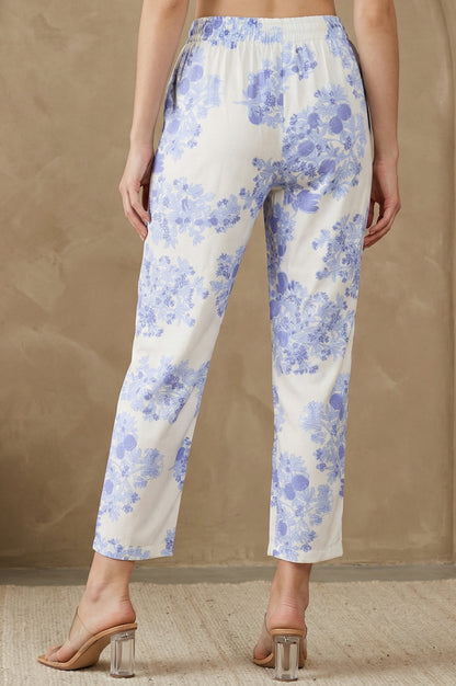 White Floral Printed Straight Fit Pants