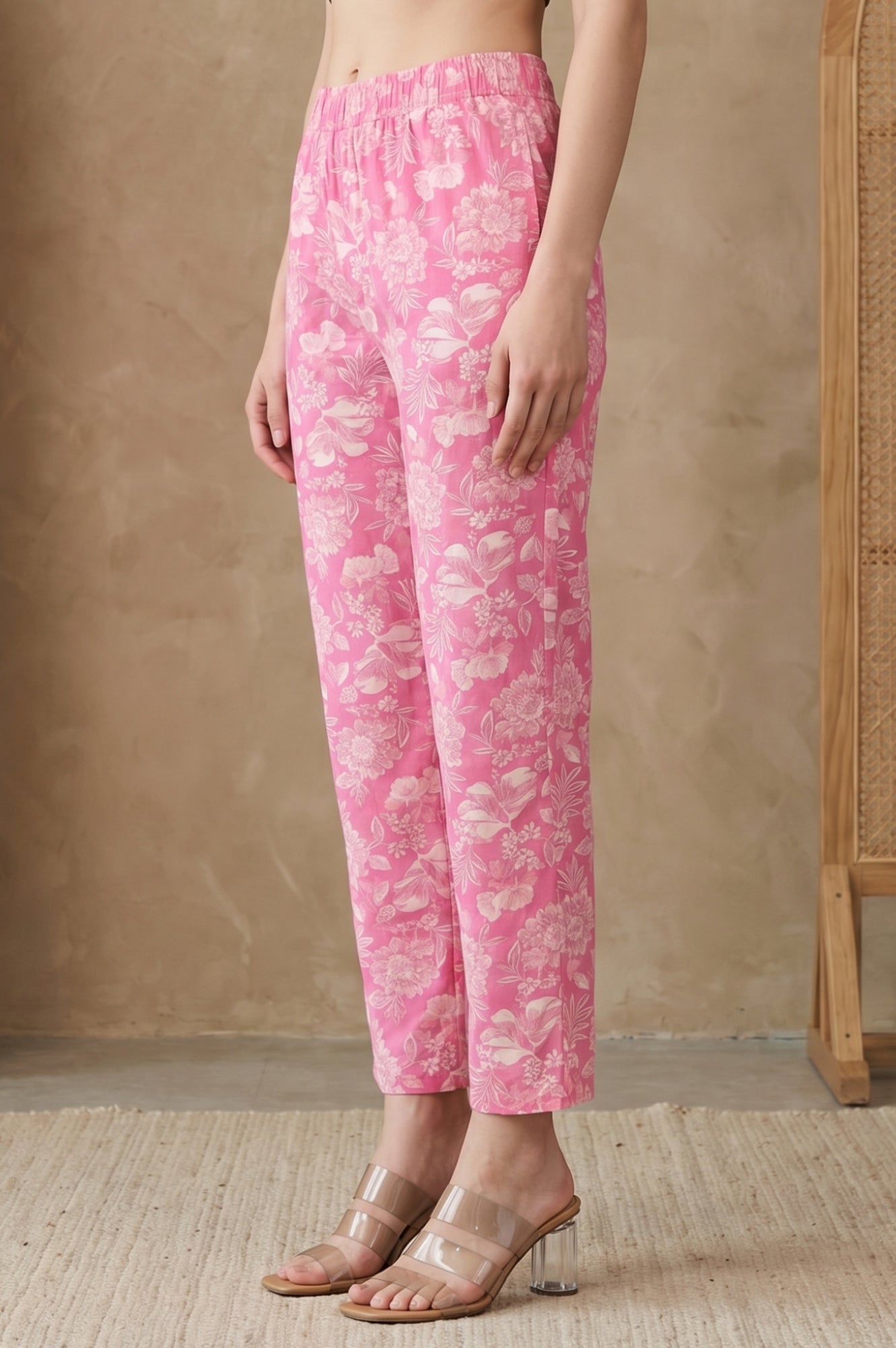 Pink Floral Printed Straight Fit Pants