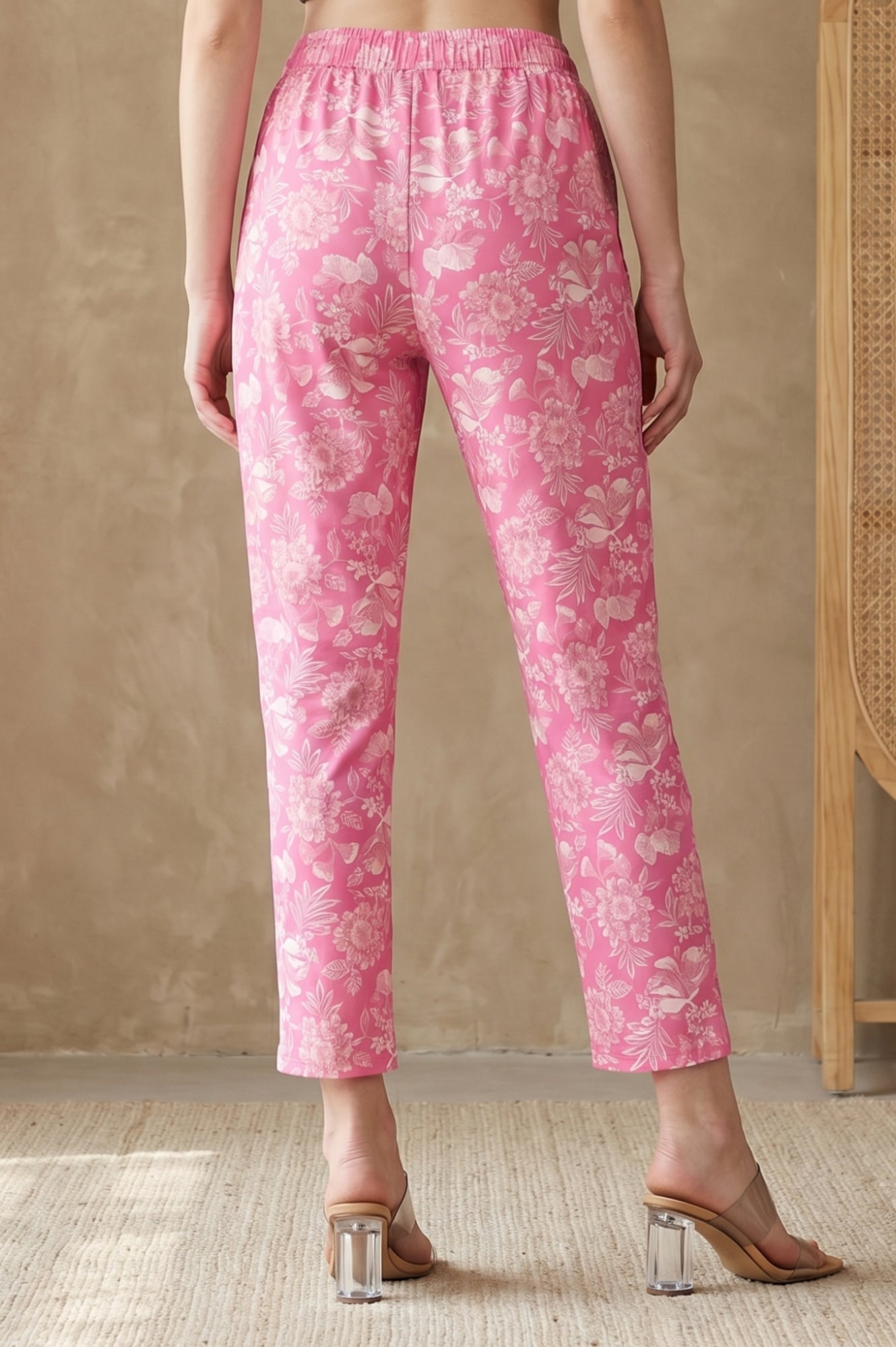 Pink Floral Printed Straight Fit Pants