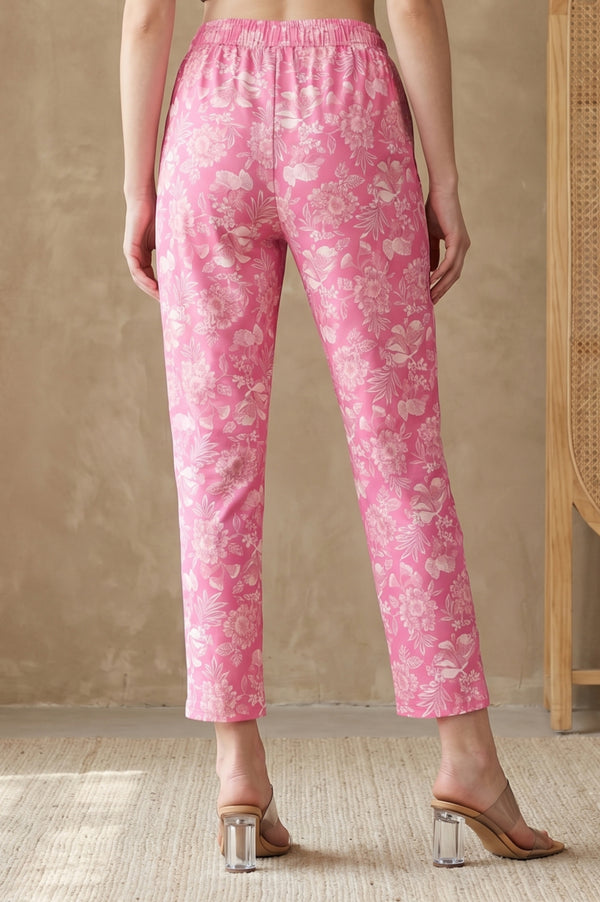 Pink Floral Printed Straight Fit Pants