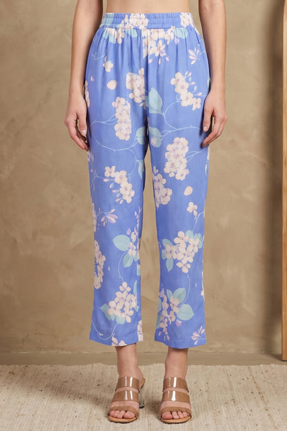 Blue Floral Printed Straight Fit Pants