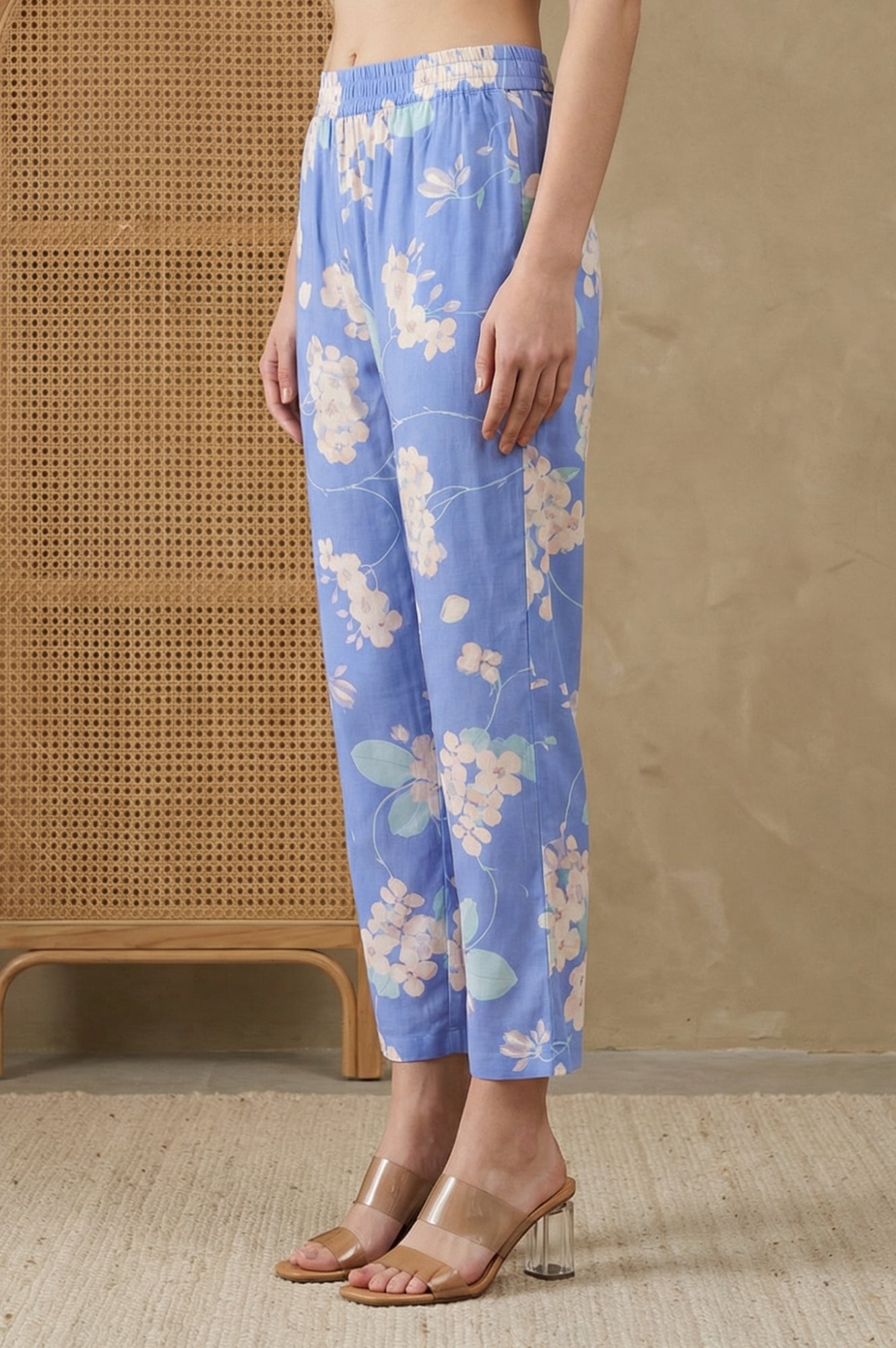 Blue Floral Printed Straight Fit Pants