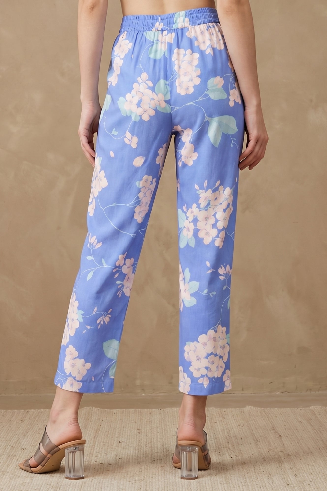 Blue Floral Printed Straight Fit Pants