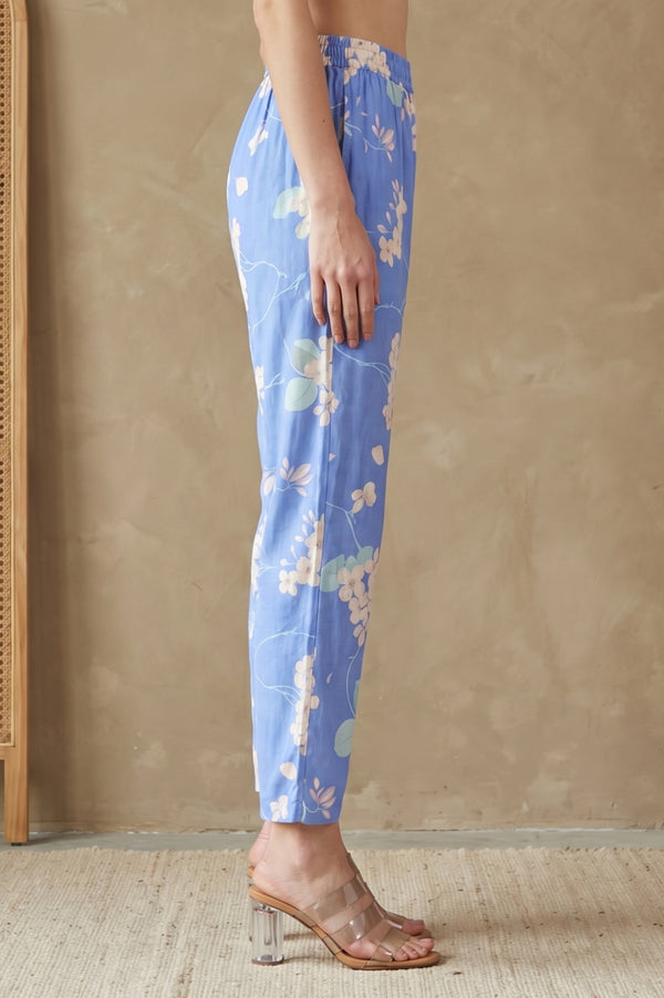 Blue Floral Printed Straight Fit Pants