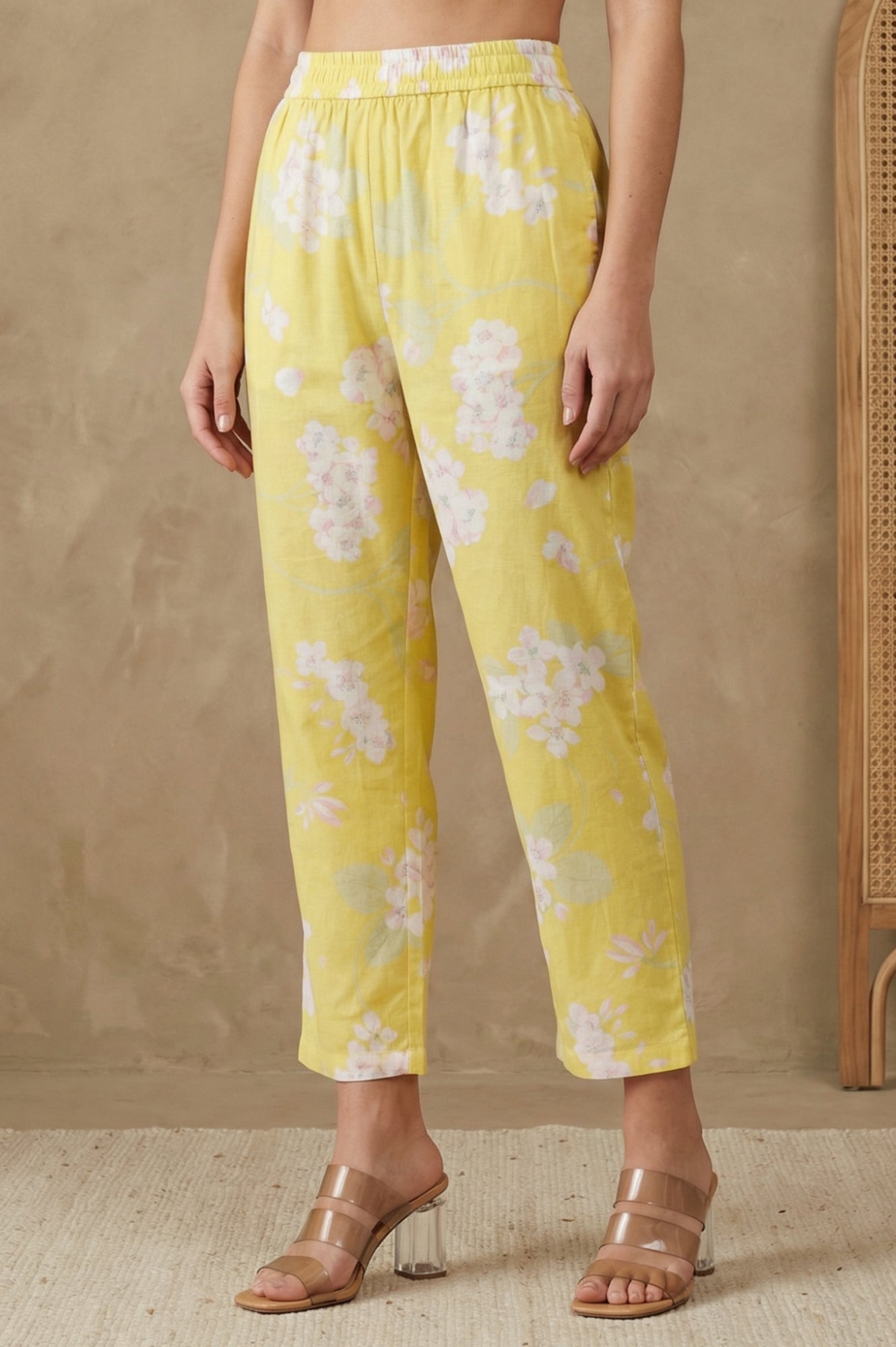 Yellow Floral Printed Straight Fit Pants