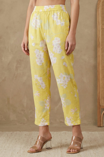 Yellow Floral Printed Straight Fit Pants