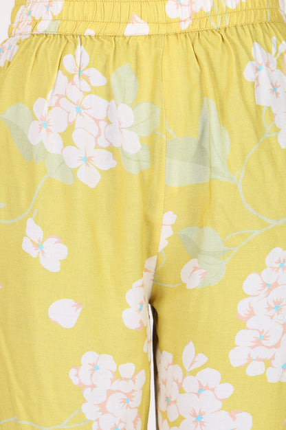 Yellow Floral Printed Straight Fit Pants