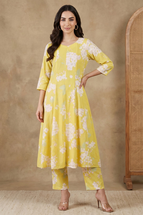 Yellow Floral Printed Straight Fit Pants