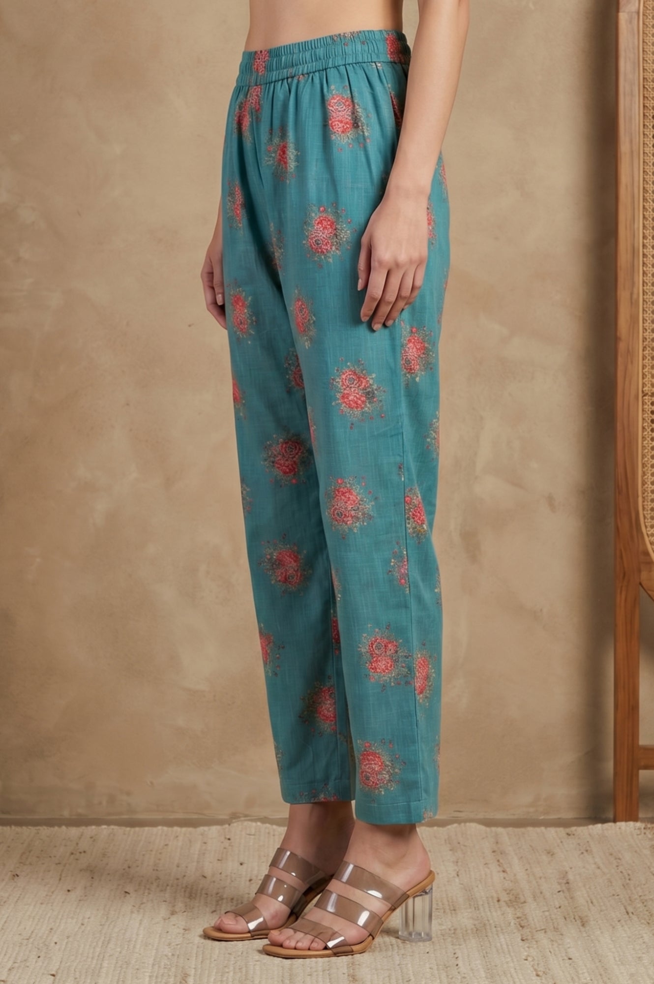 Teal Floral Printed Straight Fit Pants