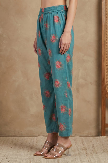 Teal Floral Printed Straight Fit Pants