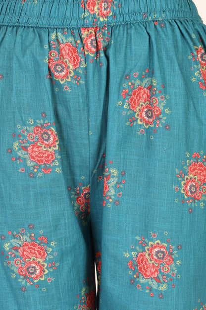 Teal Floral Printed Straight Fit Pants