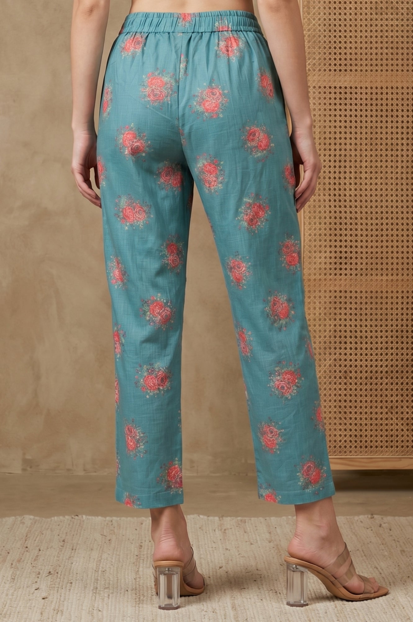 Teal Floral Printed Straight Fit Pants